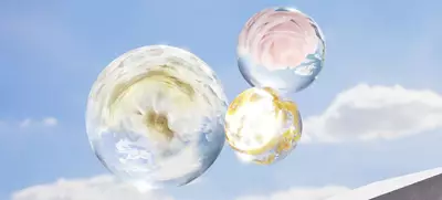 Burbujas de ingredientes contra un cielo azul con nubes para representar visualmente el exposoma y un sistema de defensa del cuidado de la piel[