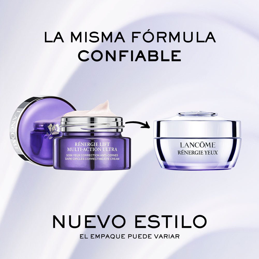 Empaque nuevo y viejo de la crema para ojos correctora de círculos oscuros Rénergie; la misma fórmula, un nuevo estilo 